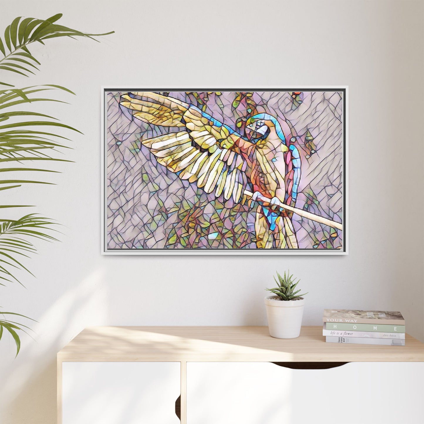 Framed Parrot Stained-Glass Art Print — Matte Canvas Wall Decor