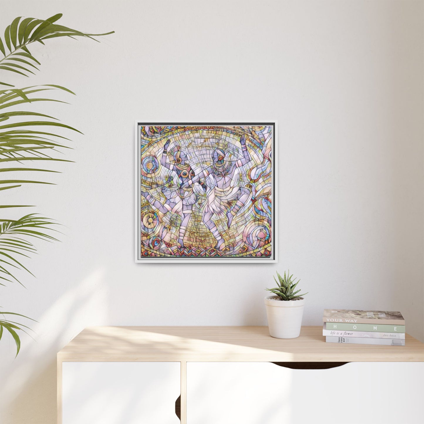 Abstract Dancers Matte Framed Canvas Wall Art — Multi‑Color Stained Glass Style