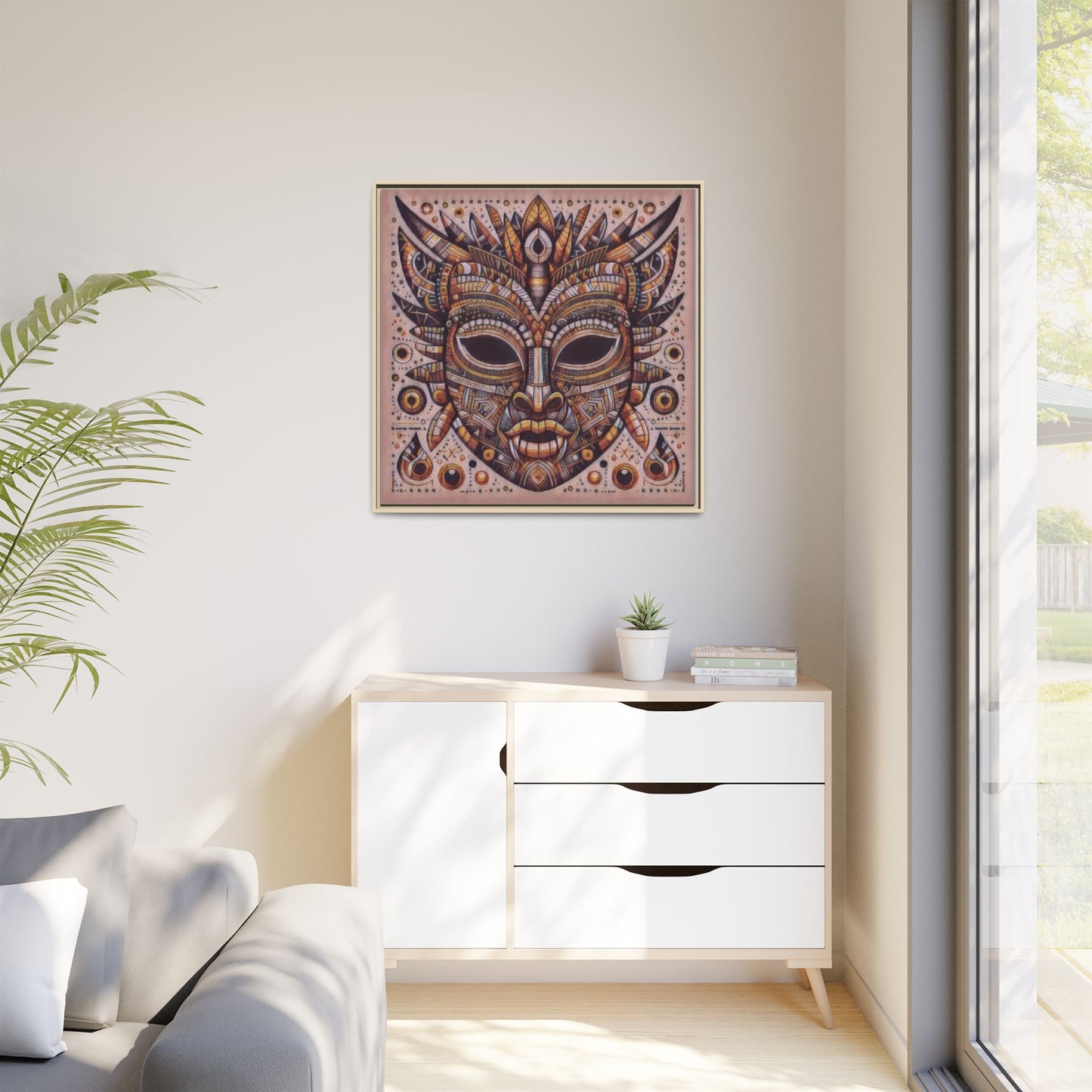 Tribal Mask Framed Canvas Art — Multicolor Matte Wall Decor
