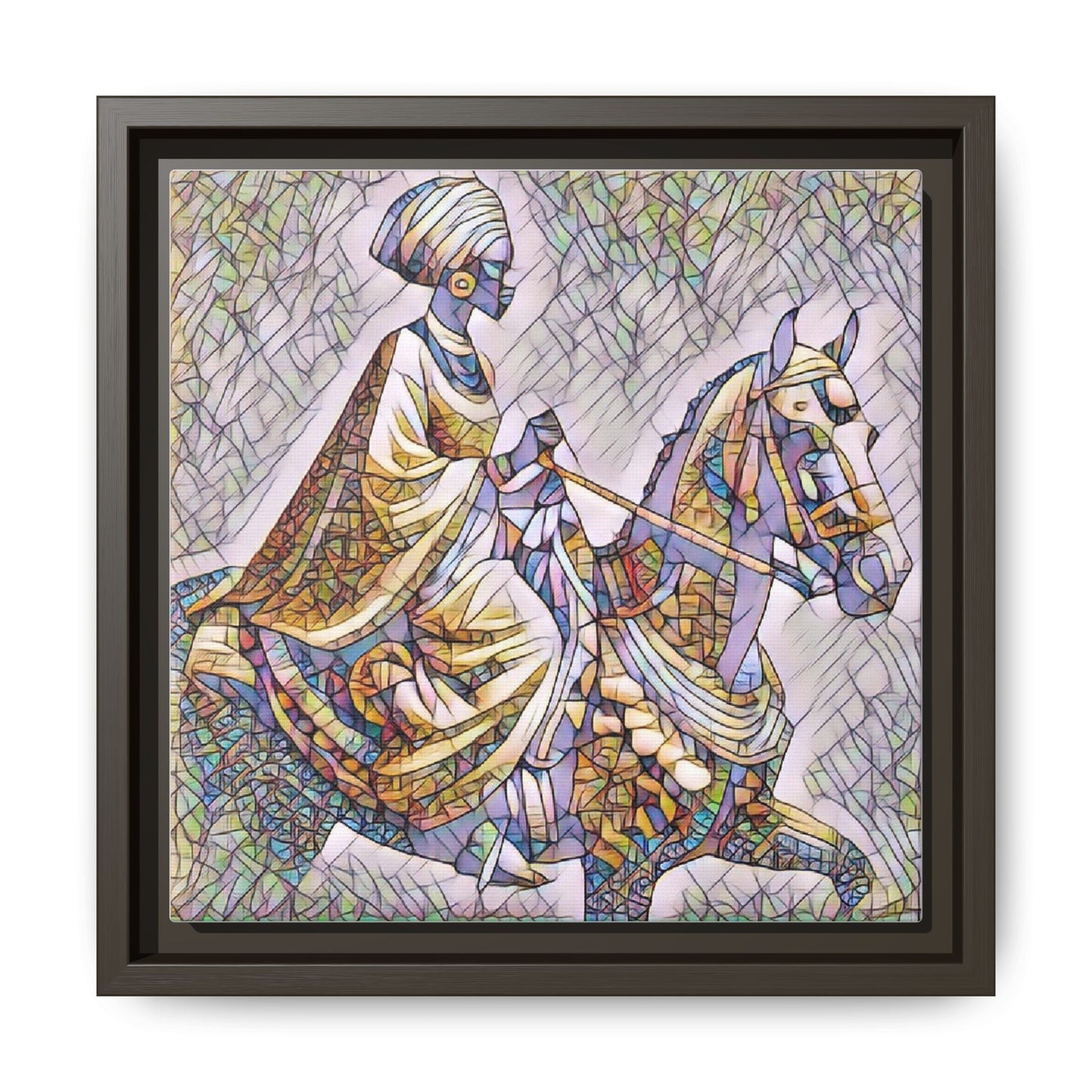 Mosaic Rider Framed Canvas Art — African Horsewoman Wall Decor