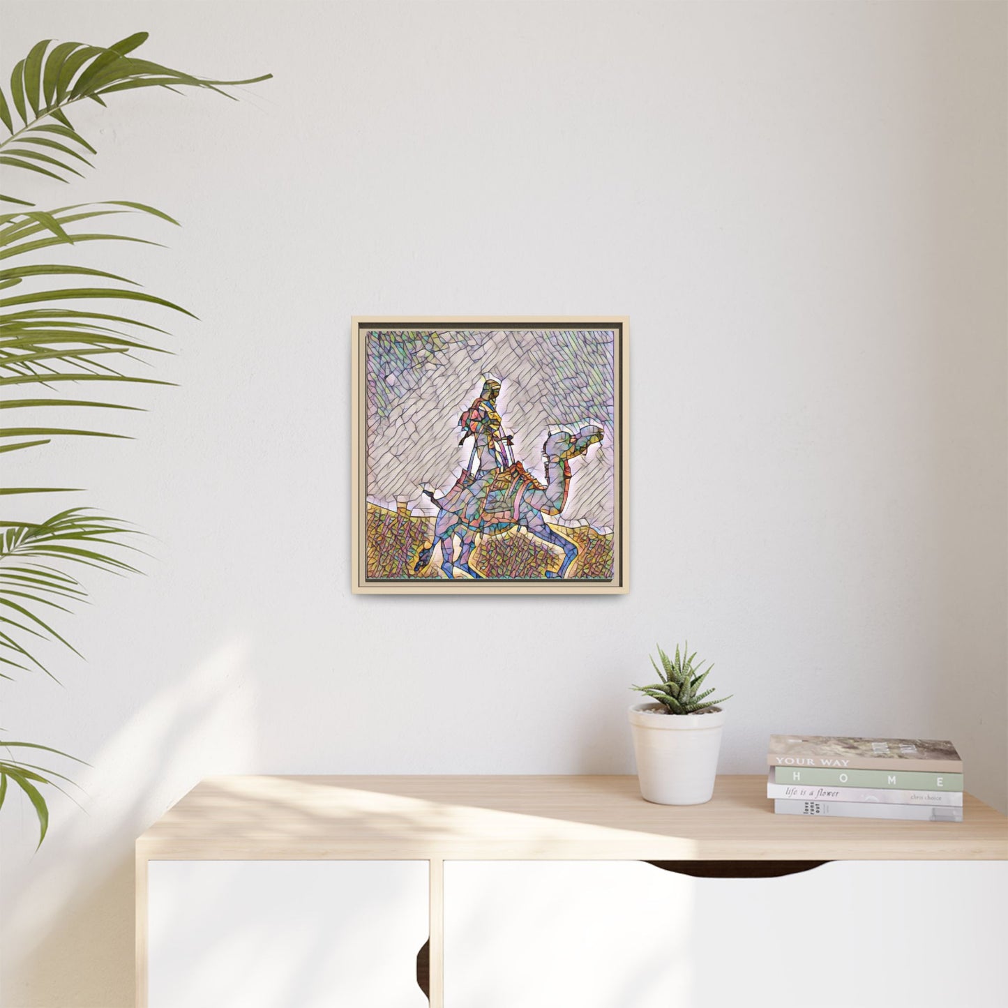 Framed Camel Rider Matte Canvas Art — Colorful Mosaic Desert Wall Decor