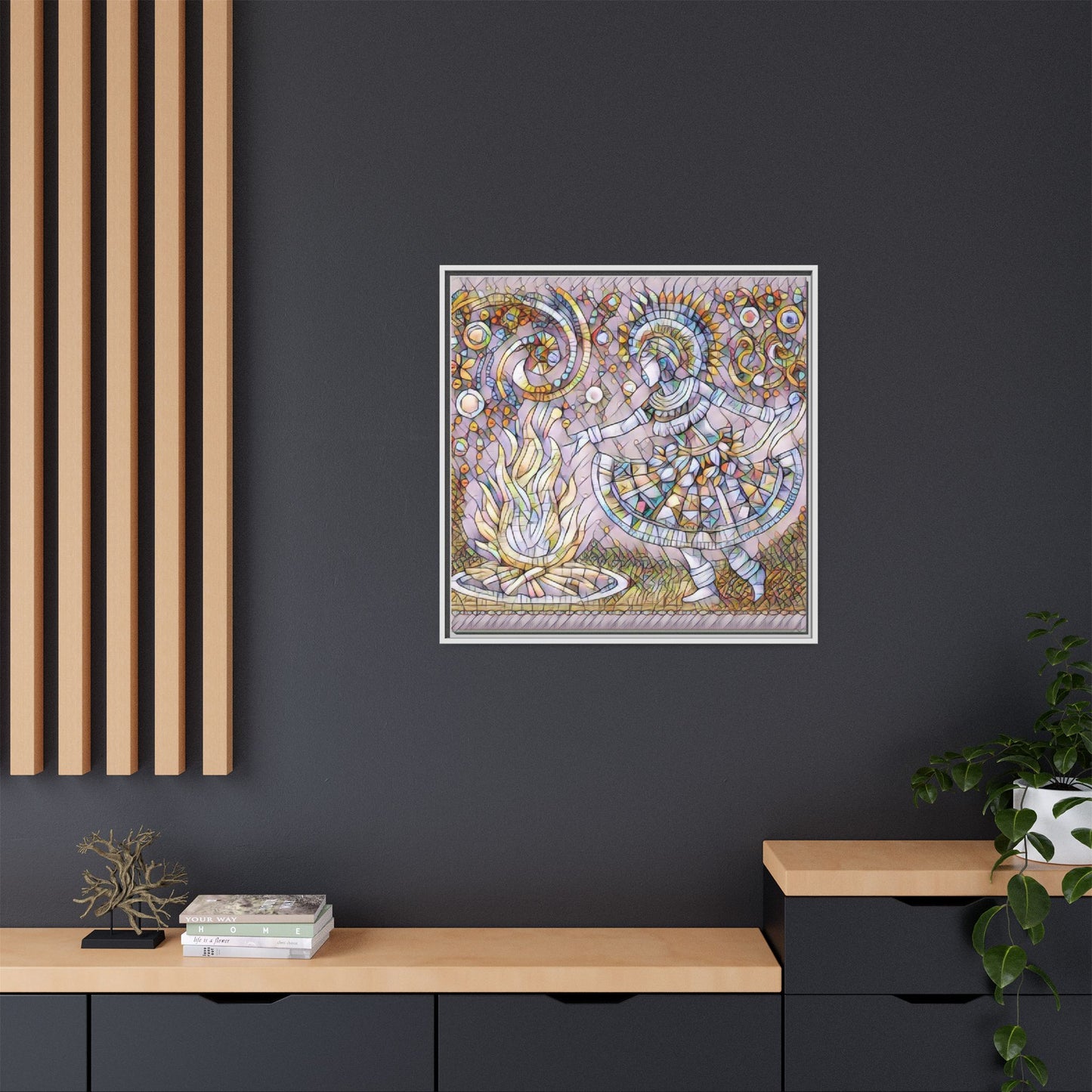Bohemian Fire Dancer Framed Canvas Art — Colorful Folk Mosaic Wall Decor