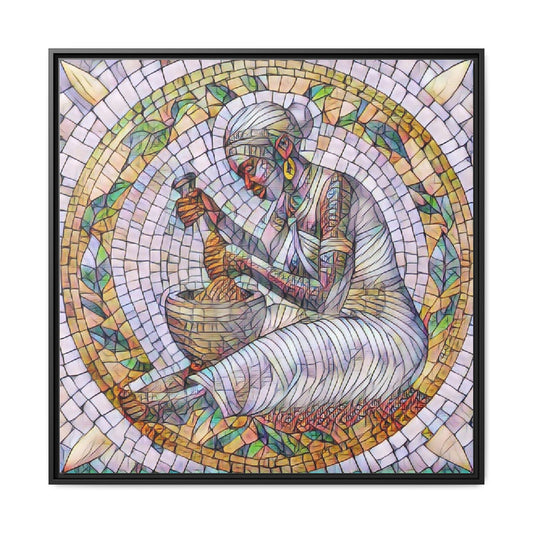 Framed Mosaic Art Print — Woman Grinding Grain (Matte Canvas)