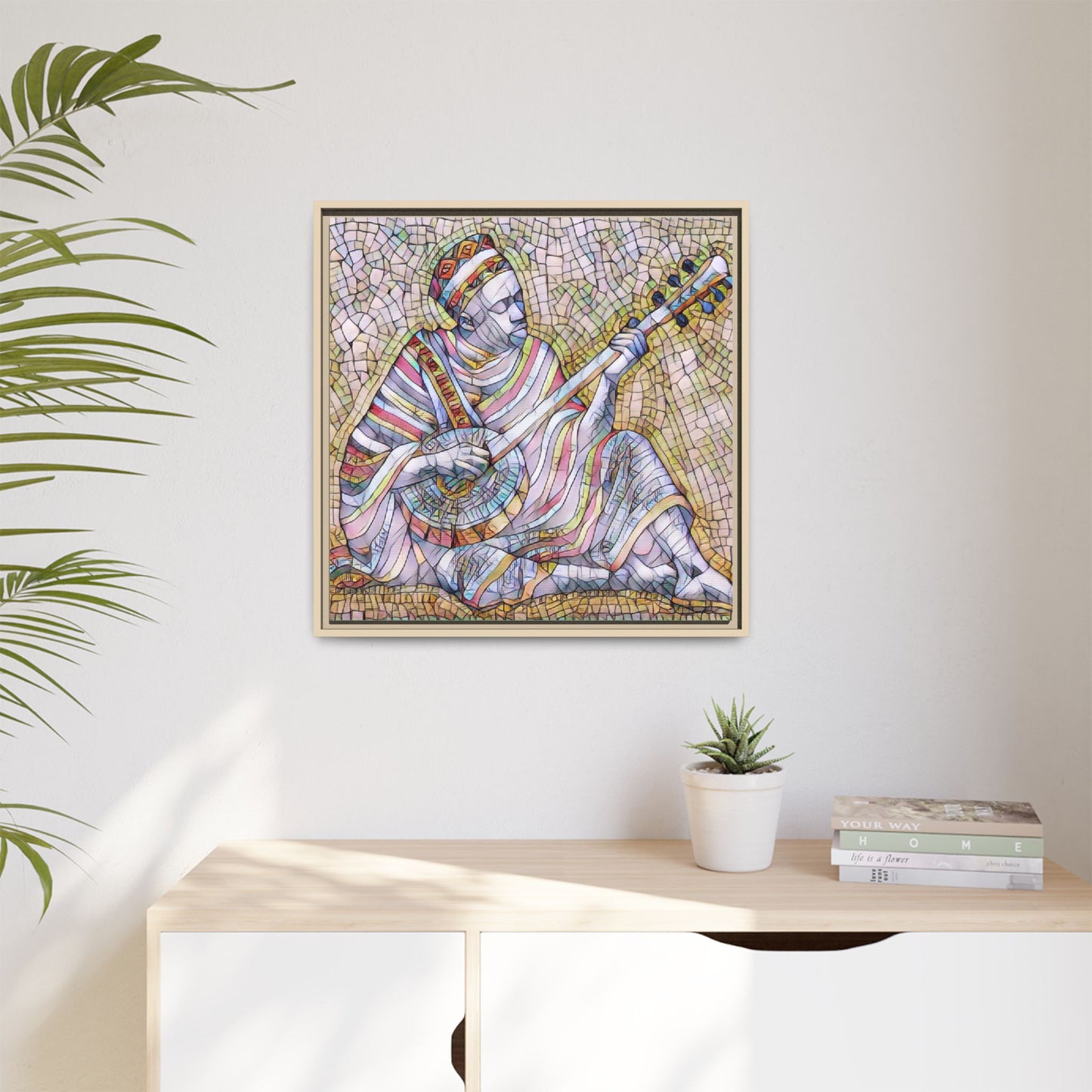 Framed Mosaic Musician Canvas – Colorful Bohemian Wall Art