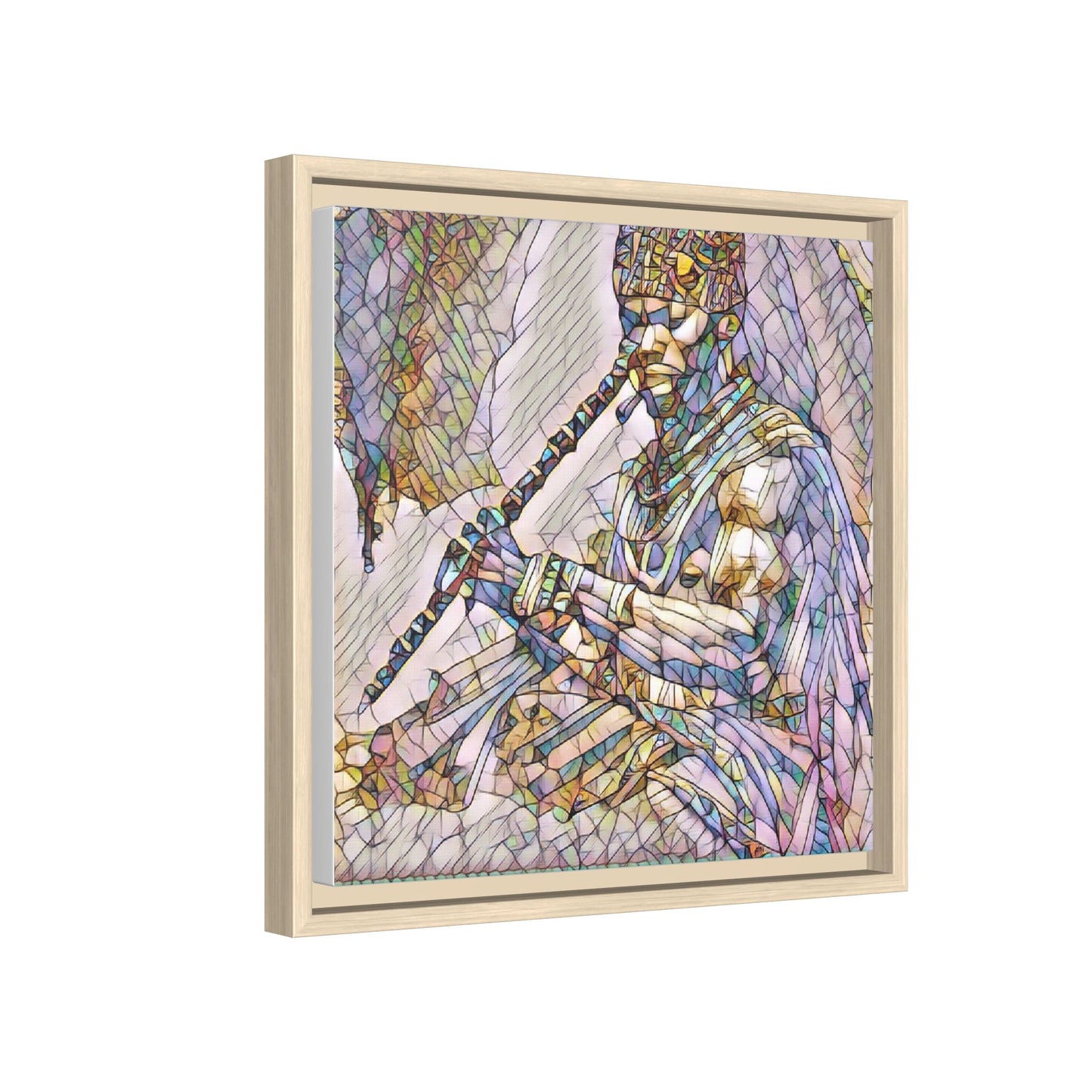 Tribal Flute Musician Stained-Glass Framed Canvas Art