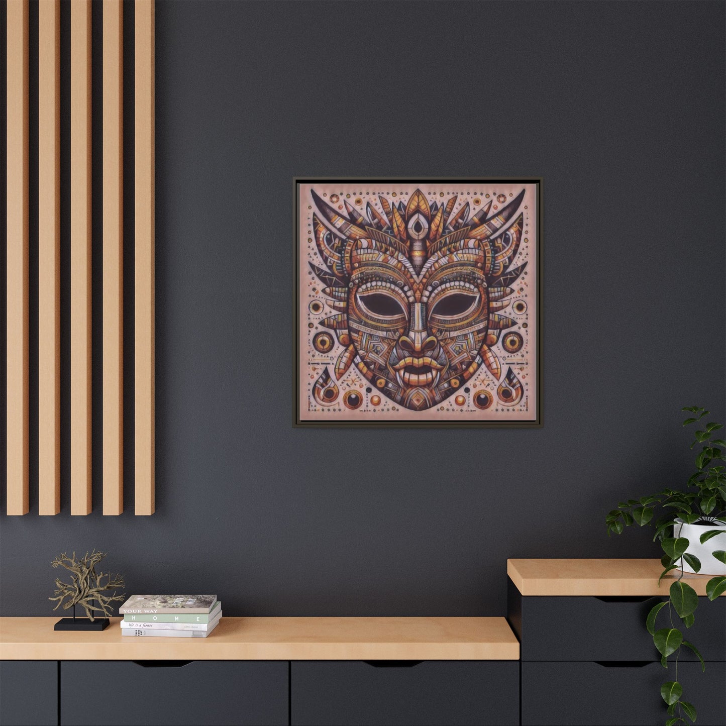 Tribal Mask Framed Canvas Art — Multicolor Matte Wall Decor