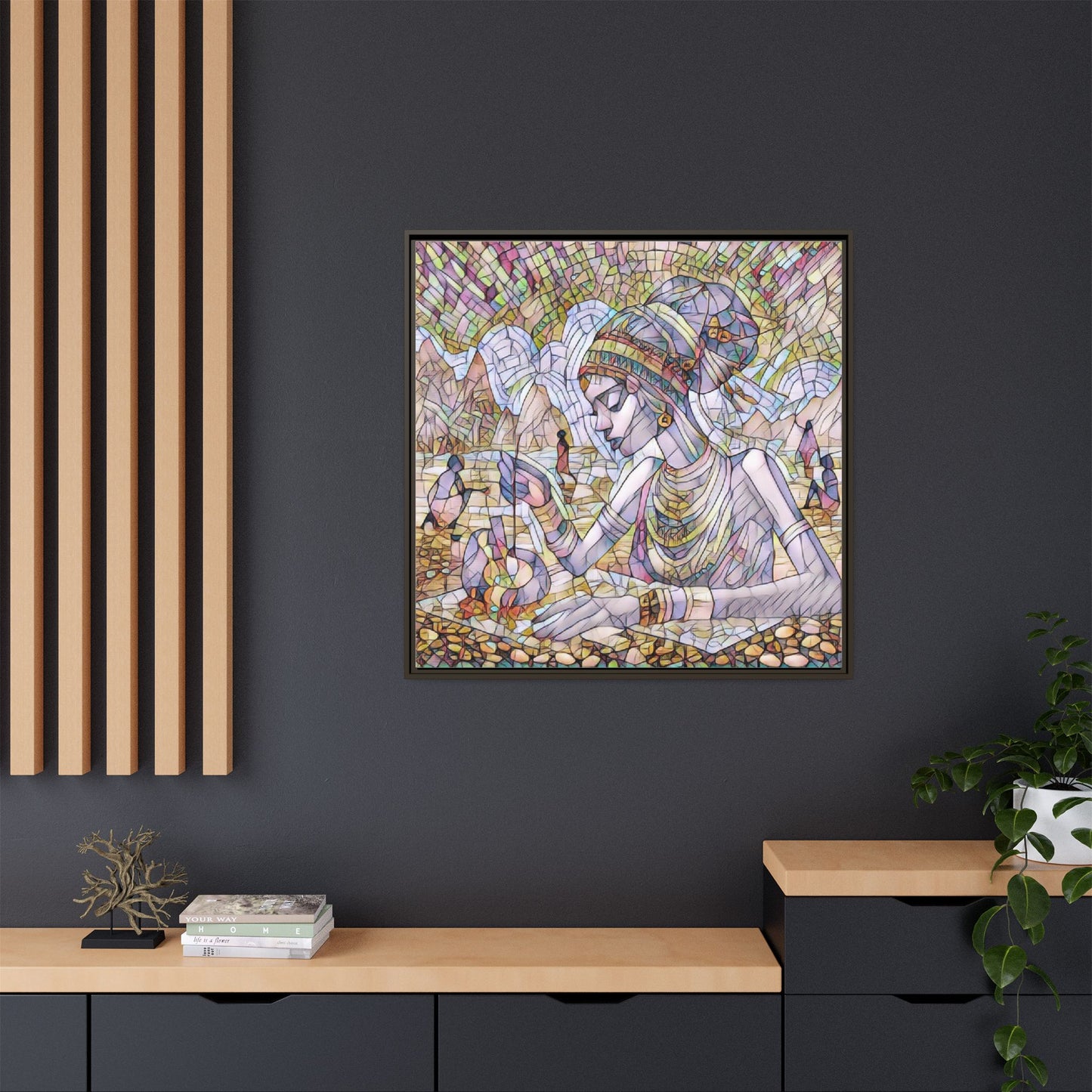 Framed Matte Canvas Art — Mosaic-Inspired Egyptian Woman Illustration
