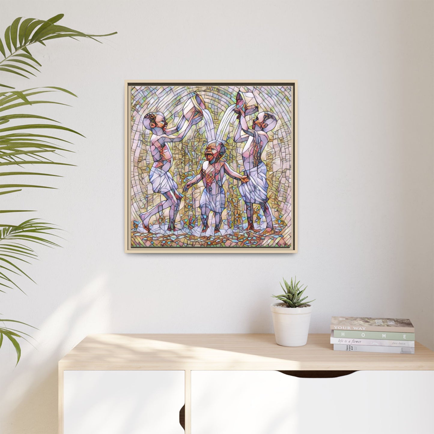Framed Matte Canvas Art – Joyful Water Dance Family Stained-Glass Print