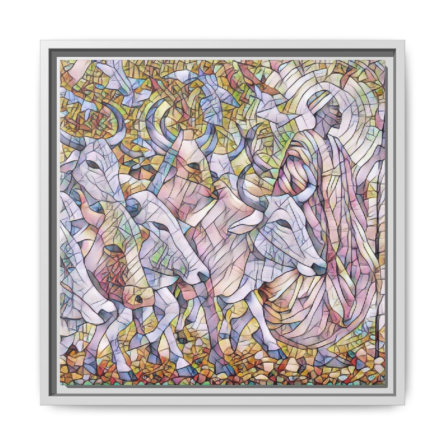 Framed Matte Canvas Art — Stained-Glass Style Cattle Herd
