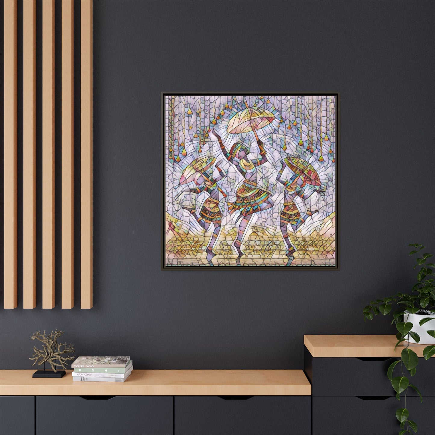 Colorful African Dance Framed Canvas Art — Umbrella Dancers Wall Decor