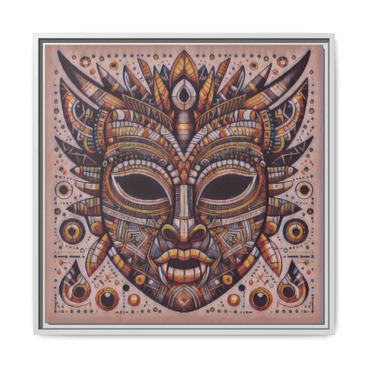 Tribal Mask Framed Canvas Art — Multicolor Matte Wall Decor