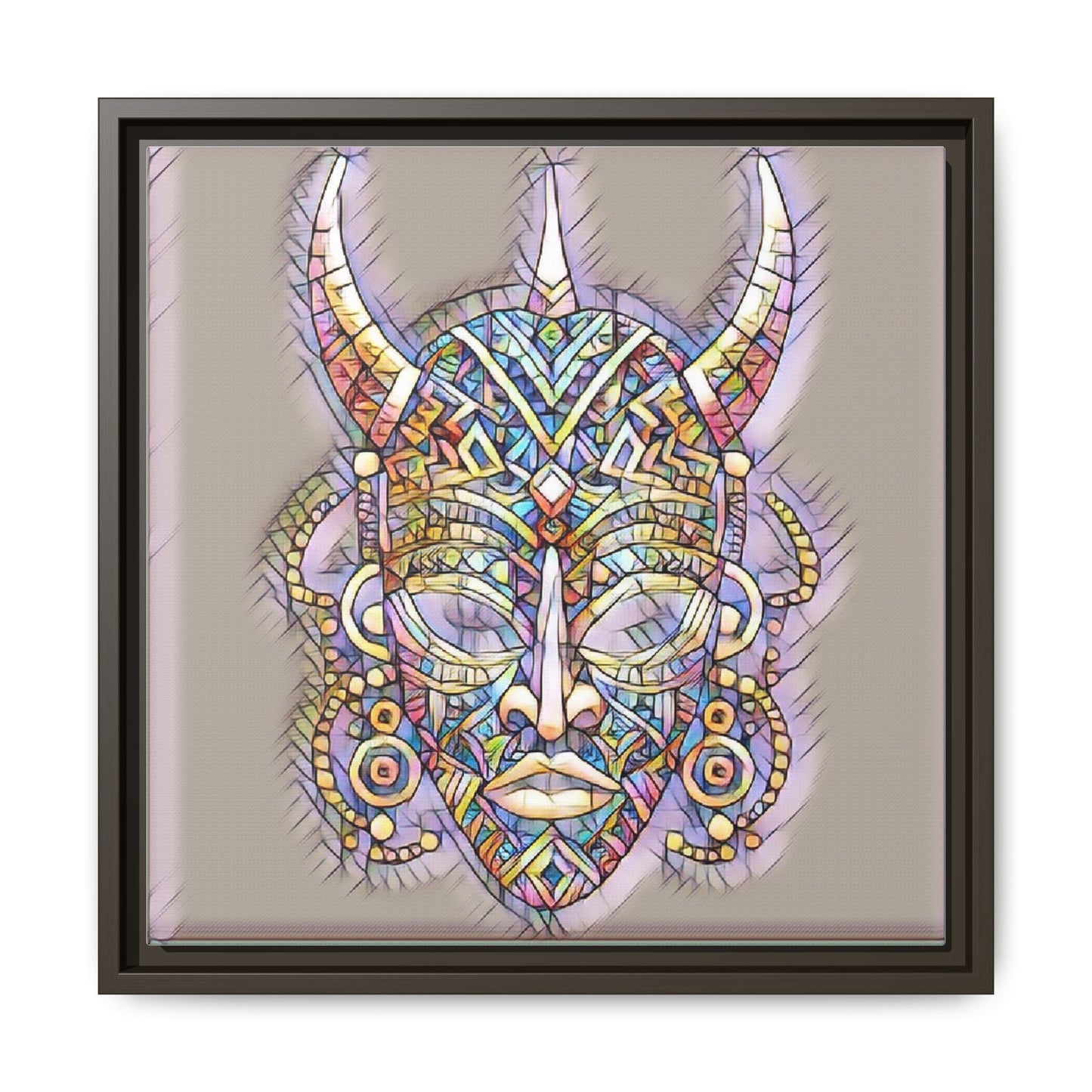 Colorful Tribal Mask Framed Canvas Art — Abstract Ethnic Wall Decor