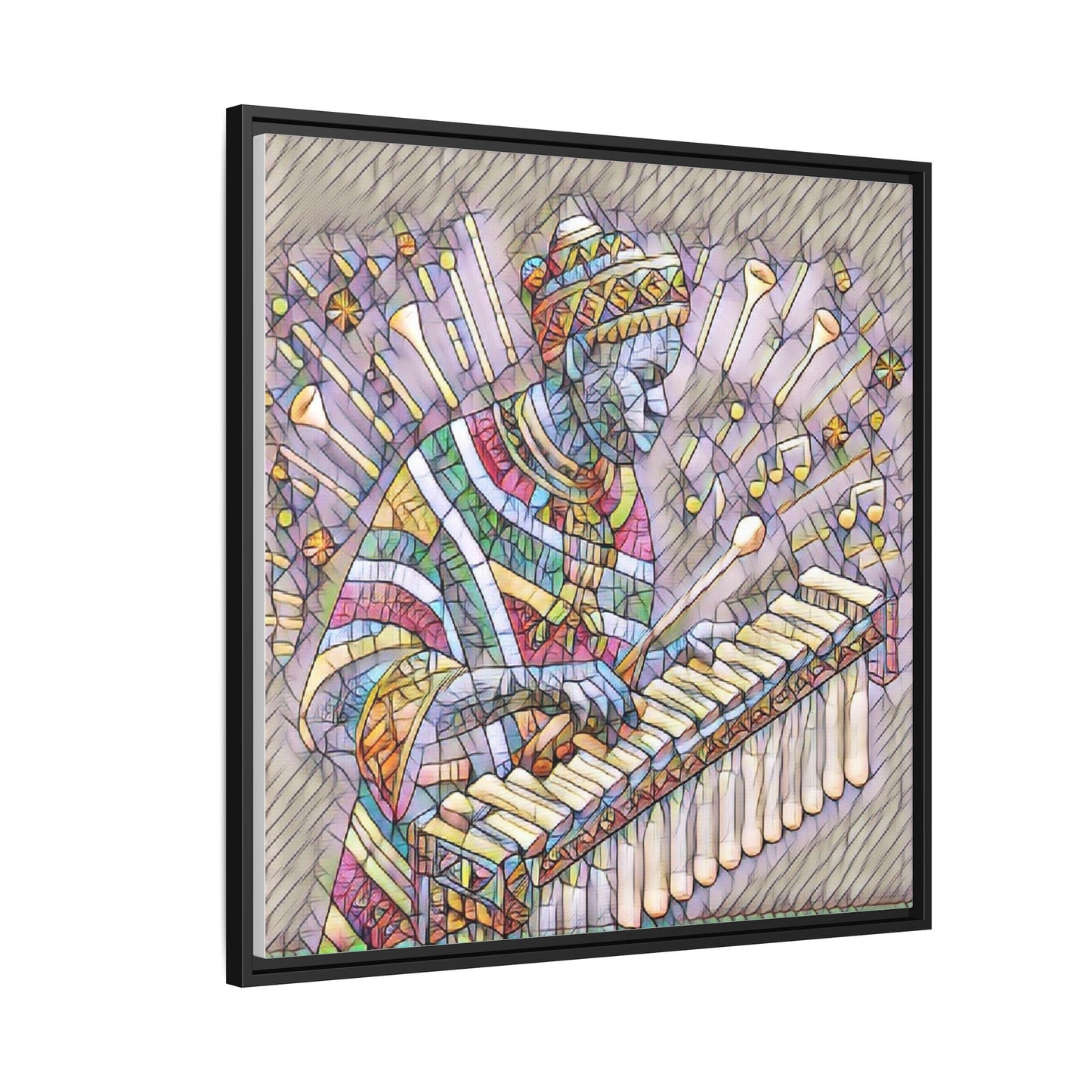 Colorful Marimba Musician Matte Framed Canvas — Vibrant African Instrument Wall Art