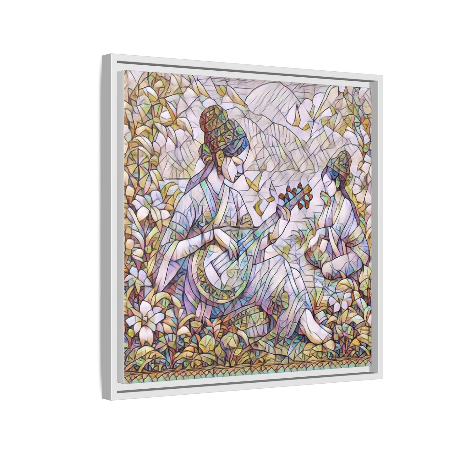 Framed Matte Canvas Art - Vintage Asian Musicians Floral Illustration
