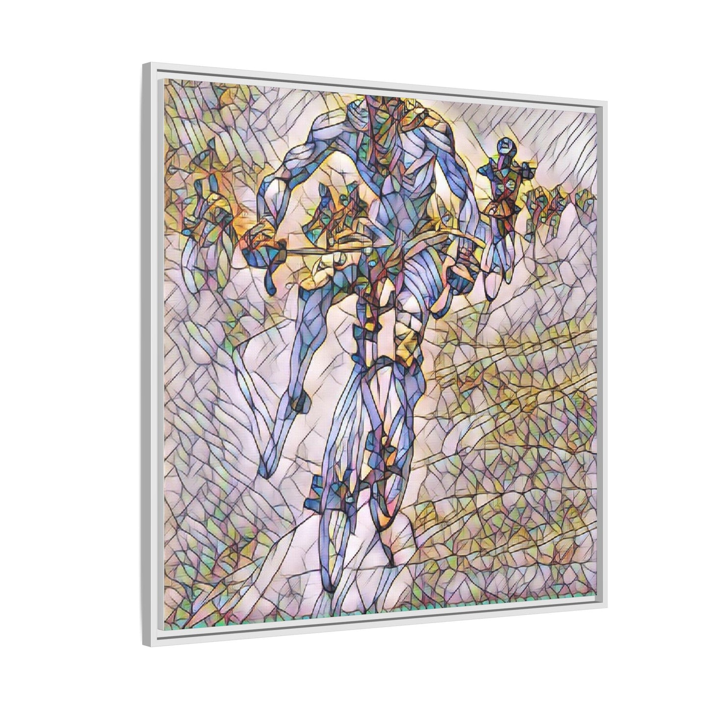 Abstract Cyclist Matte Canvas Framed Art — Colorful Stained-Glass Bike Print