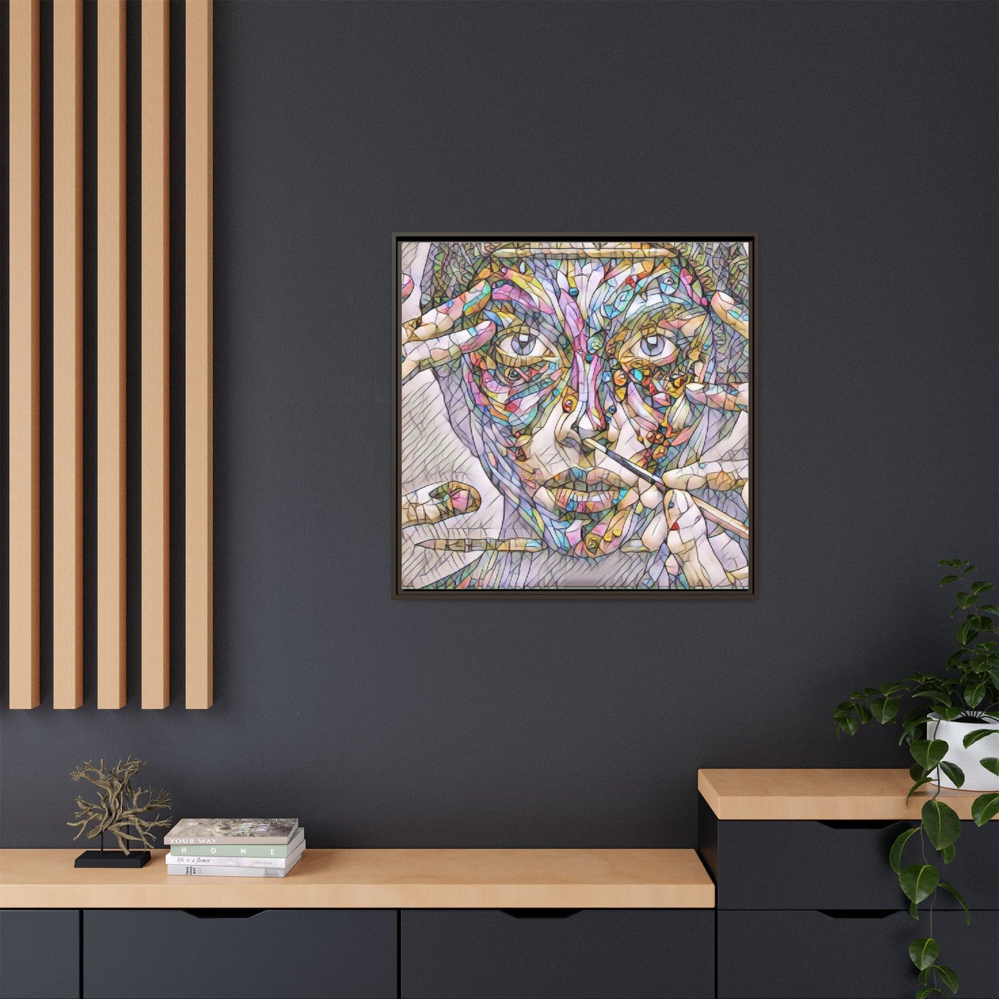 Framed Abstract Mosaic Face Canvas — Colorful Modern Wall Art