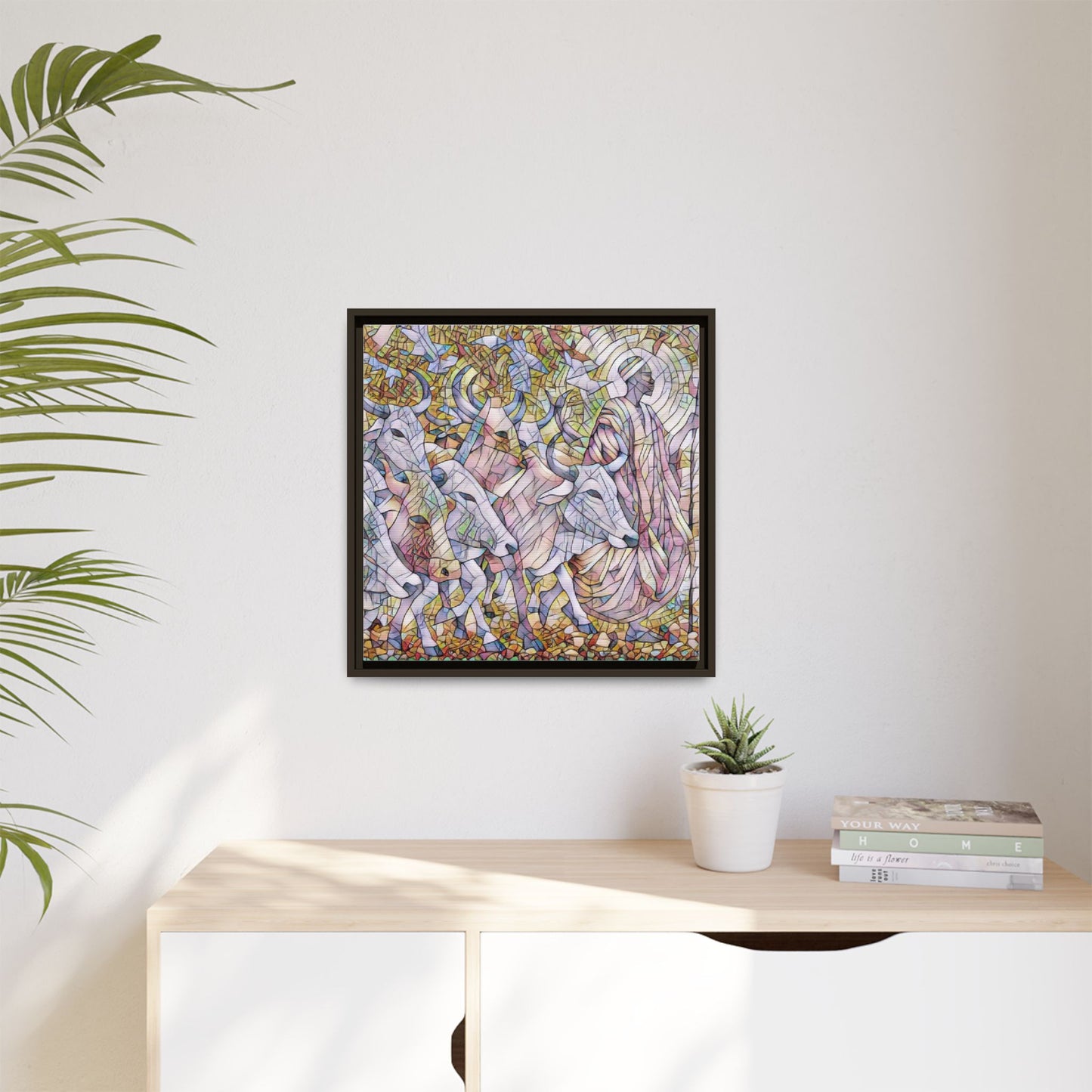 Framed Matte Canvas Art — Stained-Glass Style Cattle Herd