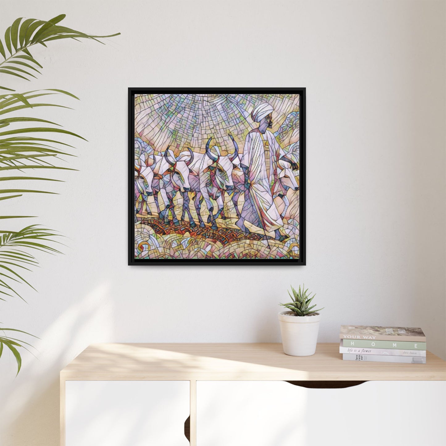 Framed Matte Canvas Art — African Herdsman Mosaic Print