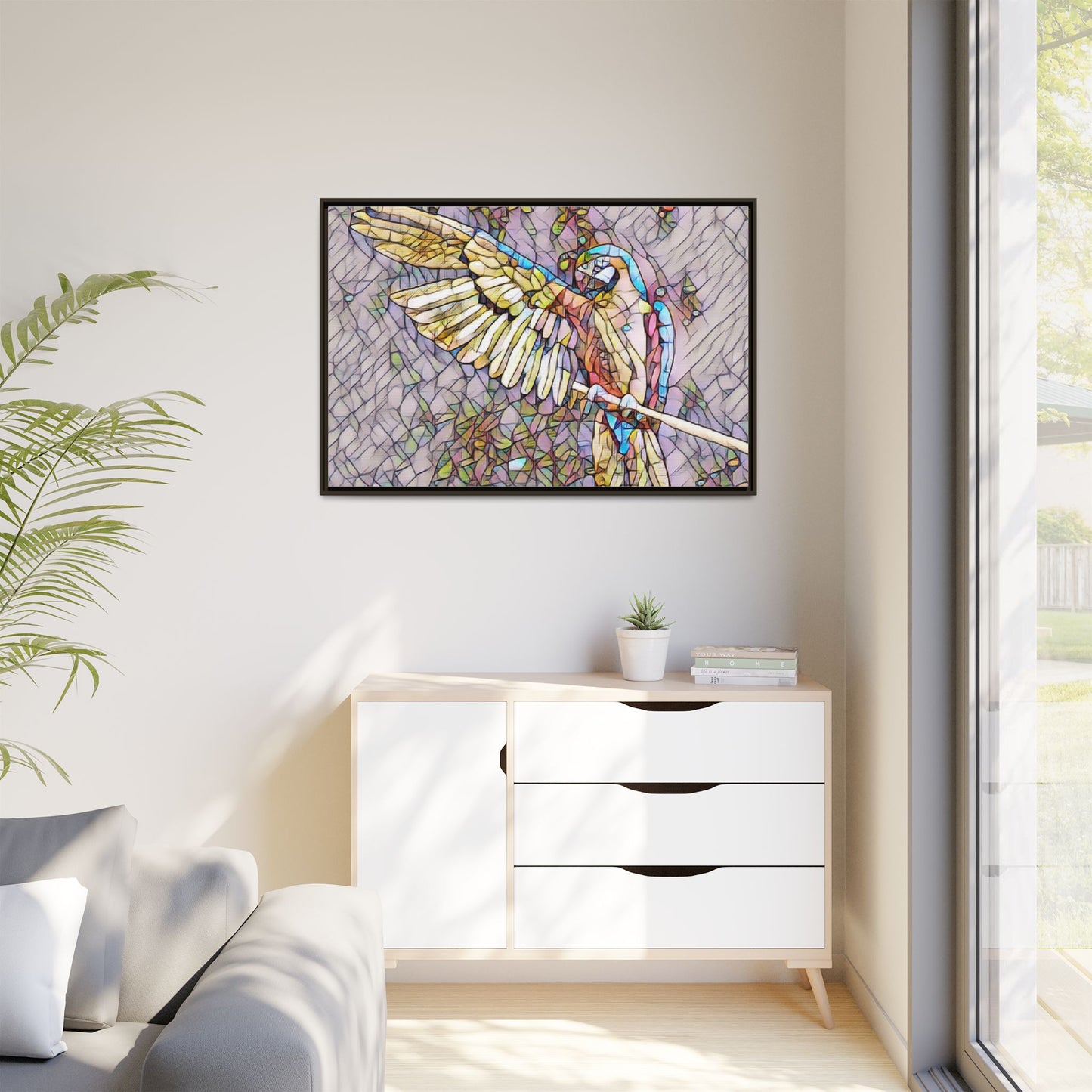 Framed Parrot Stained-Glass Art Print — Matte Canvas Wall Decor