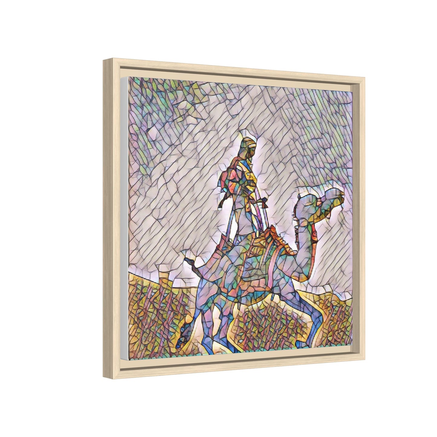 Framed Camel Rider Matte Canvas Art — Colorful Mosaic Desert Wall Decor