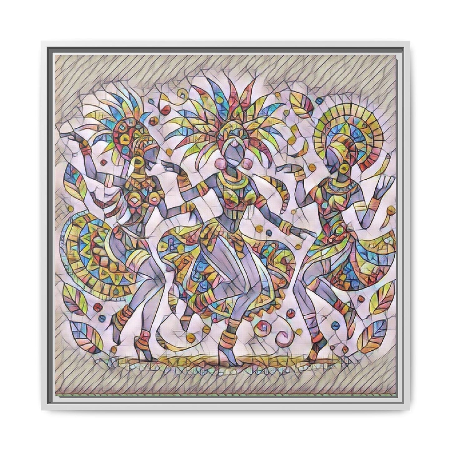 Colorful Carnival Dancers Framed Canvas Art — Multicolor Tribal Celebration Print