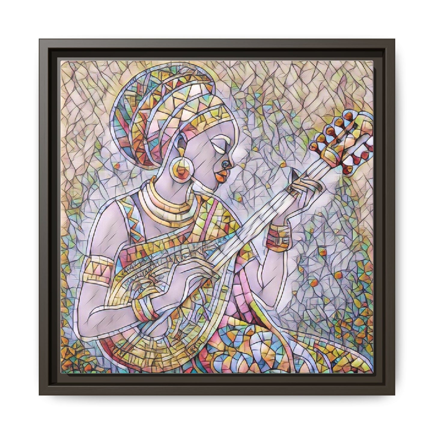 Framed Canvas Art — Colorful African Woman Playing Lute (Matte Multi‑Color)