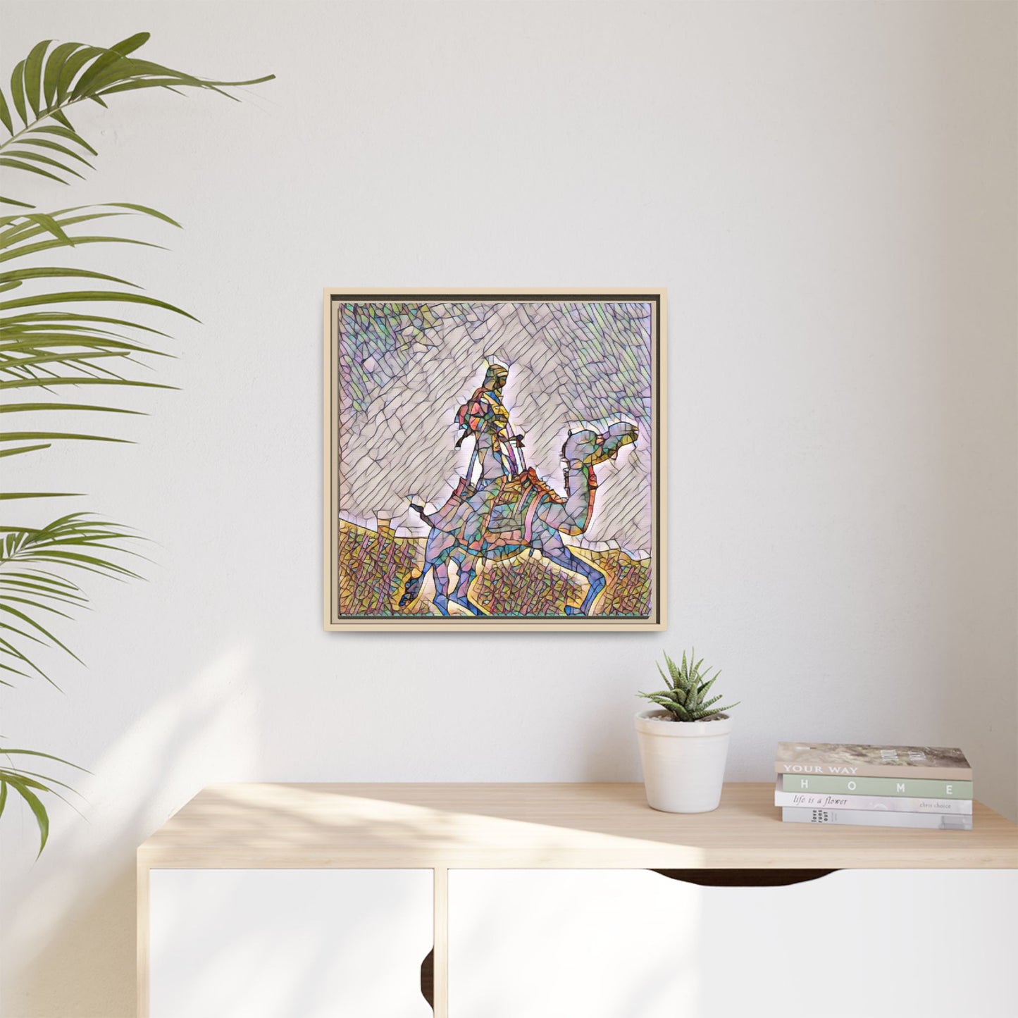 Framed Camel Rider Matte Canvas Art — Colorful Mosaic Desert Wall Decor