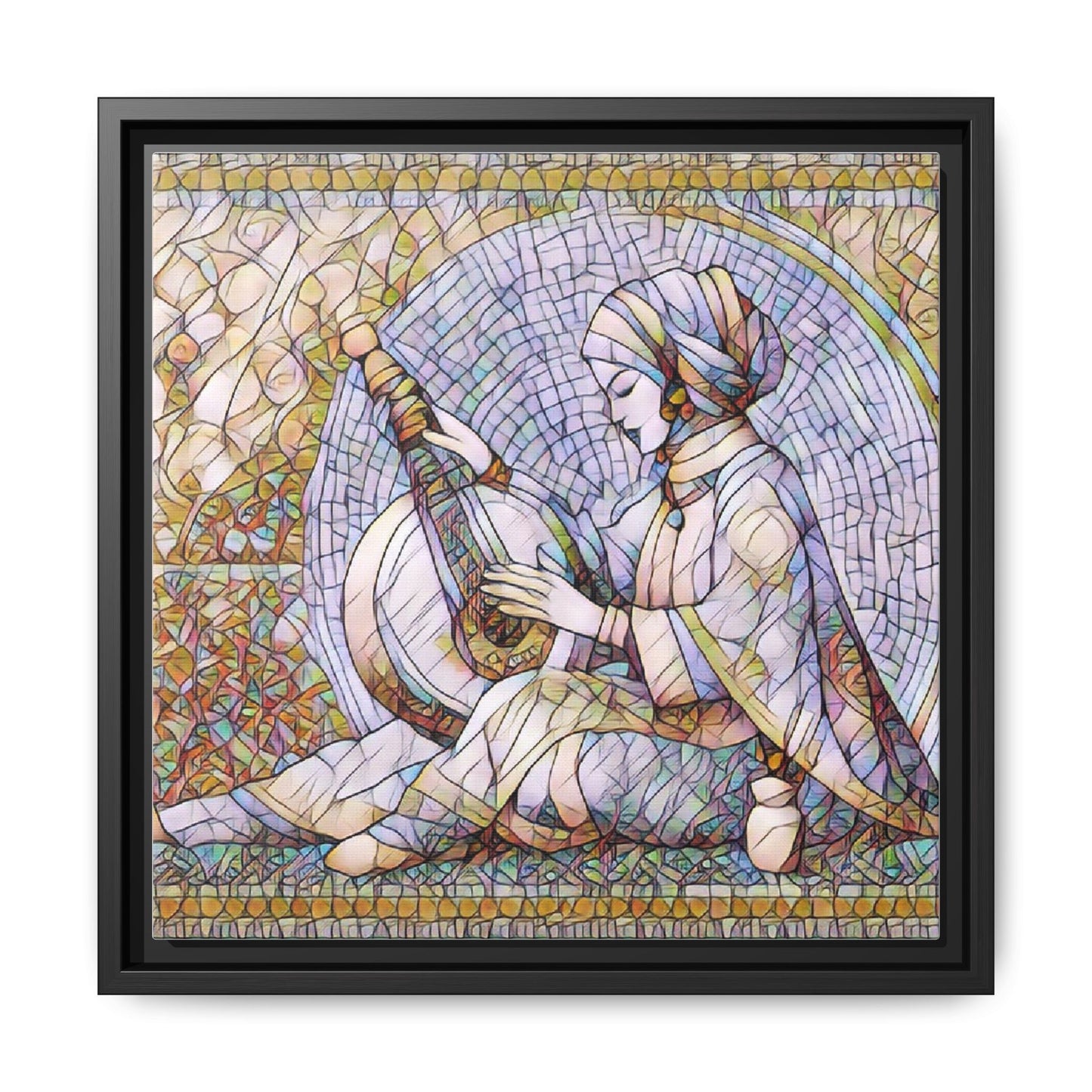 Framed Matte Canvas: Mosaic Lute Player Wall Art — Bohemian Musical Portrait