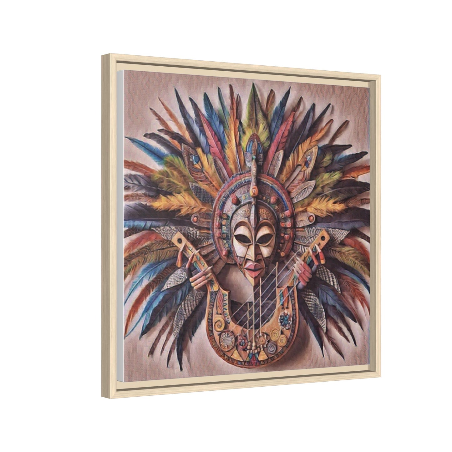 Tribal Feather Mask Guitar Framed Canvas Art — Colorful Boho Wall Decor
