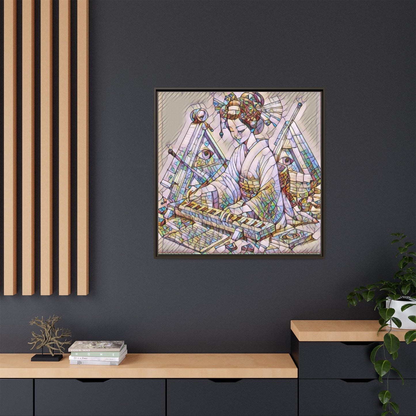 Framed Matte Canvas: Stained-Glass Geisha Wall Art