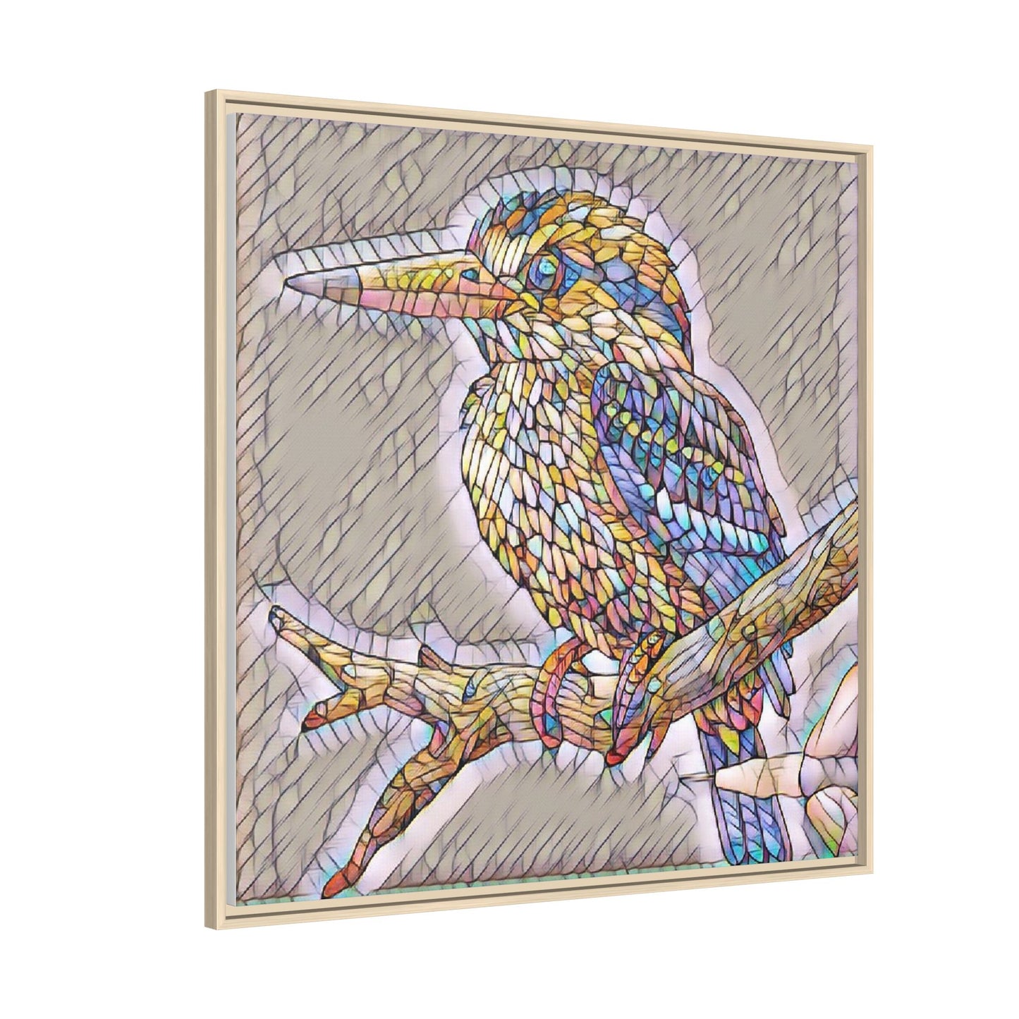Colorful Kingfisher Framed Canvas Wall Art — Stained-Glass Style Bird Print