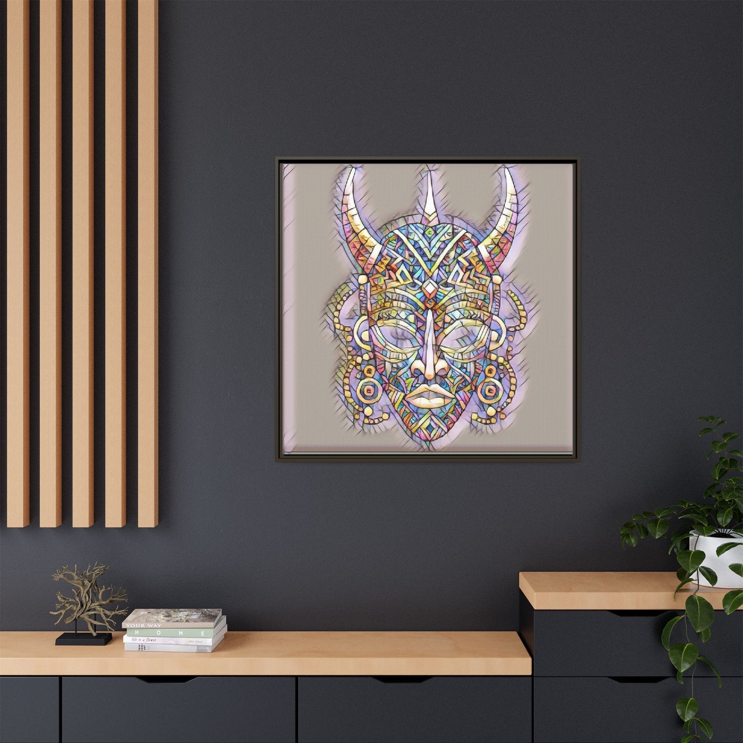 Colorful Tribal Mask Framed Canvas Art — Abstract Ethnic Wall Decor