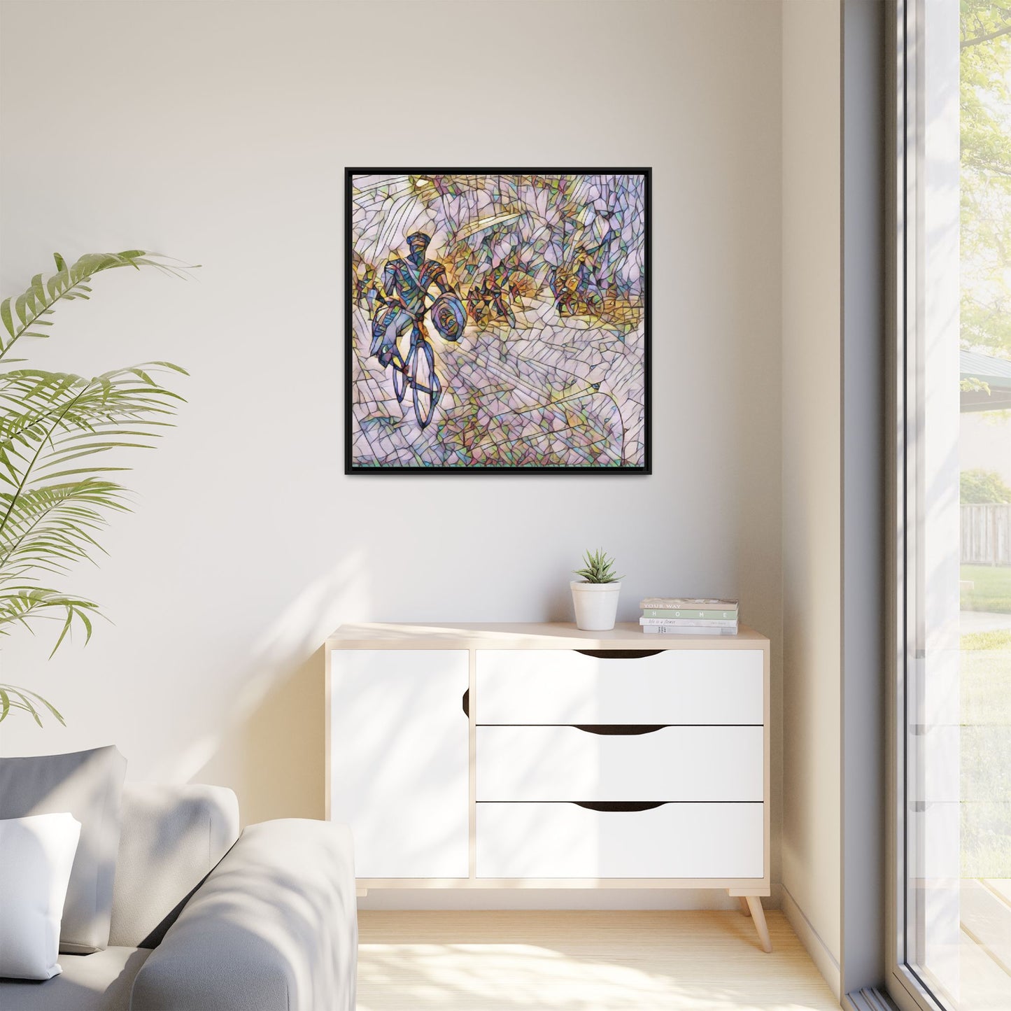 Cyclist Mosaic Matte Canvas Framed Wall Art — Colorful Biking Scene