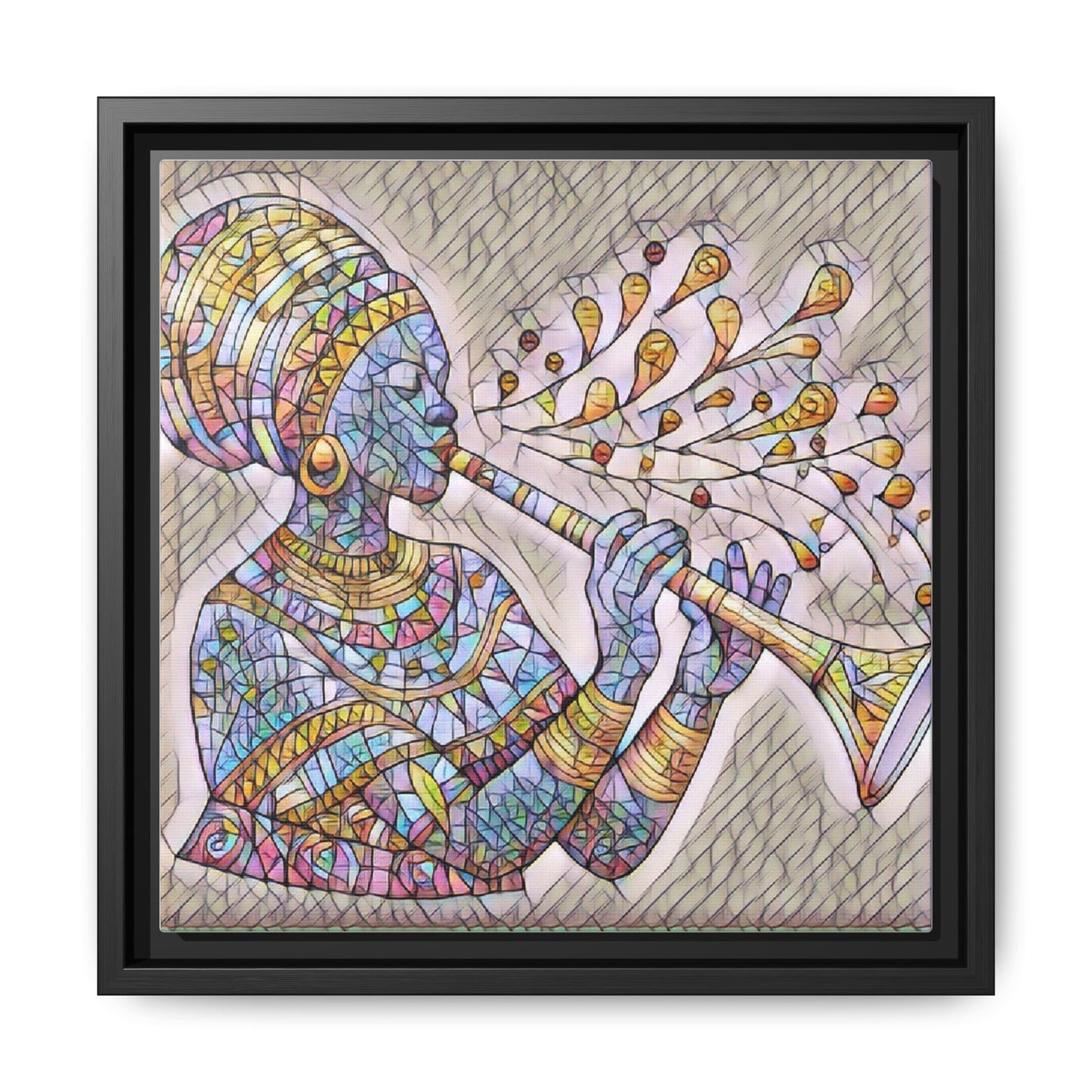Framed Matte Canvas Art – Colorful African Musician Trumpet Print