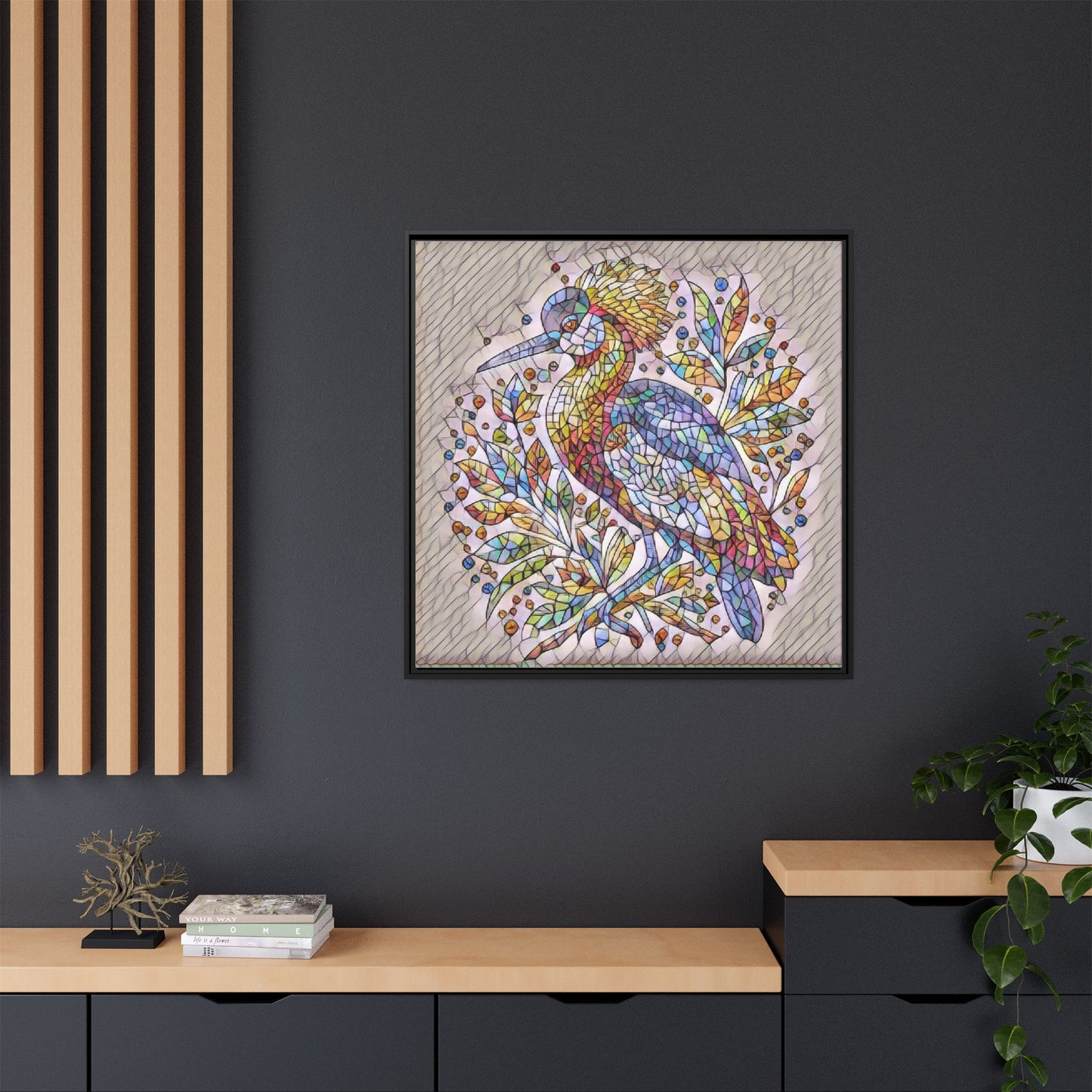 Colorful Stained-Glass Heron — Framed Matte Canvas Wall Art