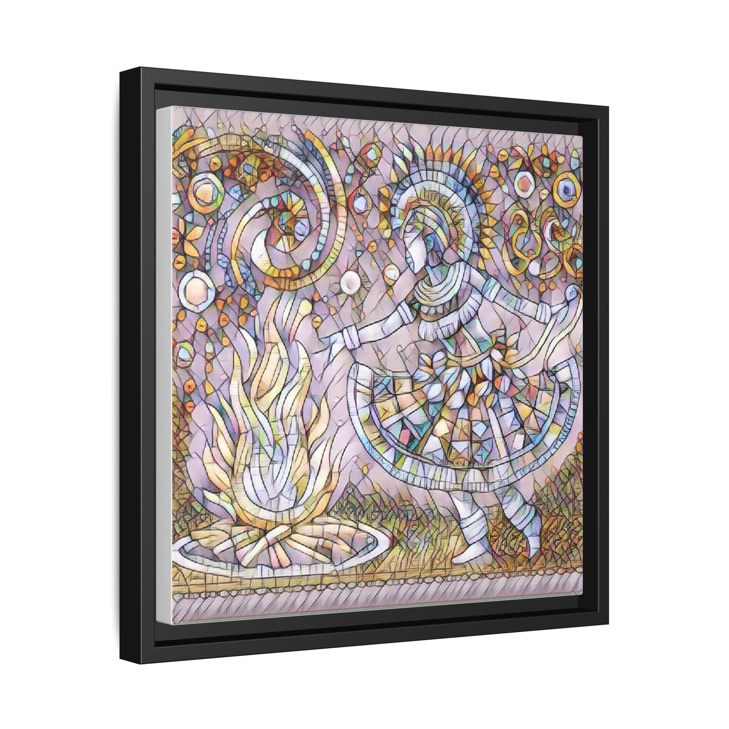 Bohemian Fire Dancer Framed Canvas Art — Colorful Folk Mosaic Wall Decor