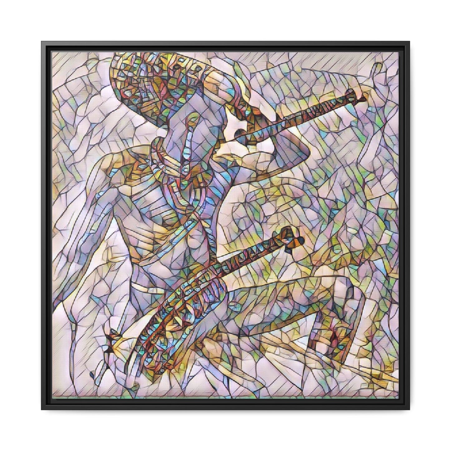 Stained Glass Blue Musician — Framed Matte Canvas Art