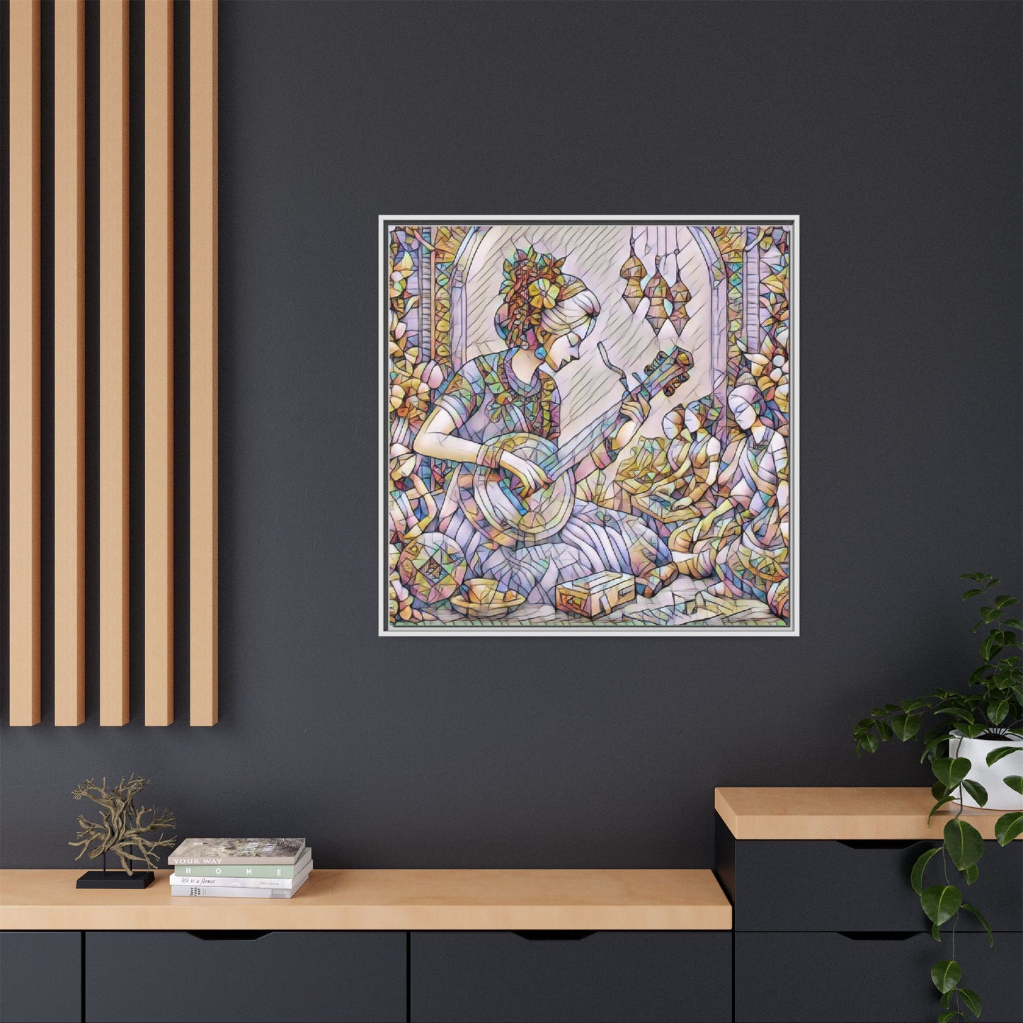 Framed Matte Canvas: Bohemian Woman Playing Lute — Stained-Glass Style Wall Art