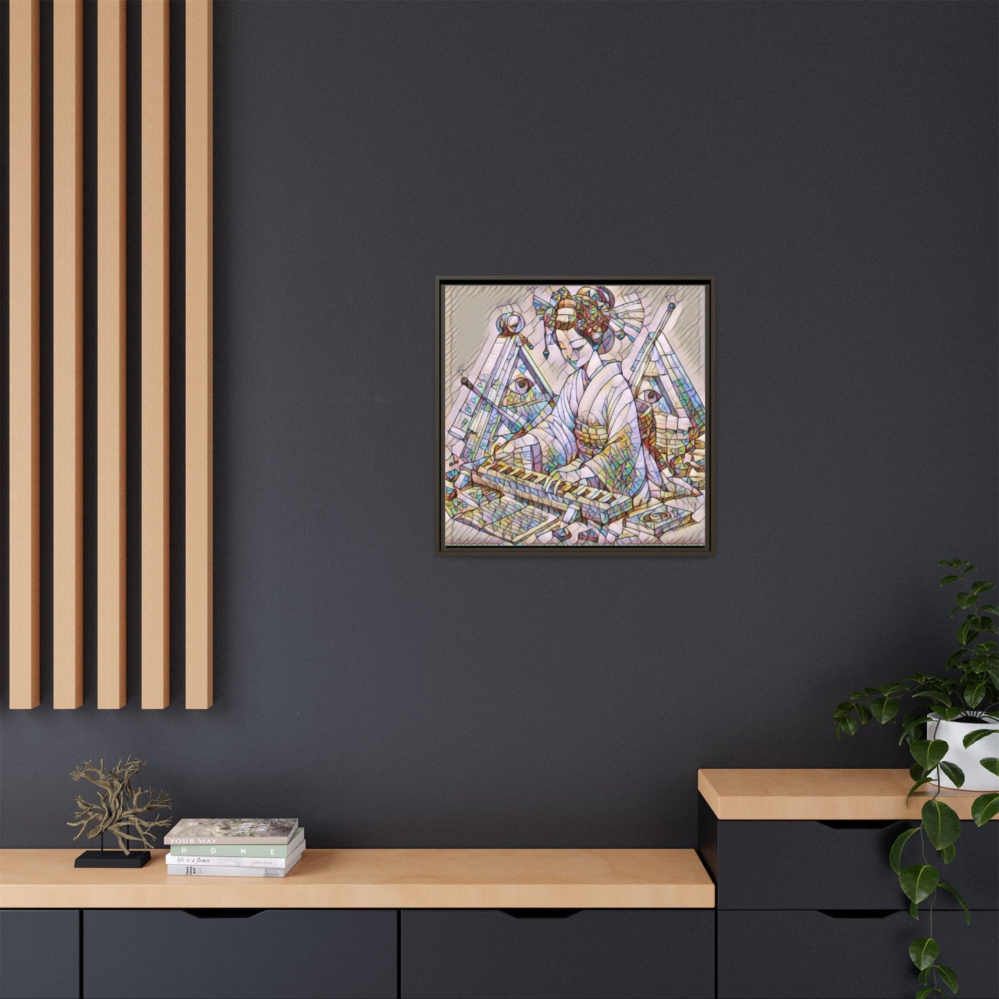 Framed Matte Canvas: Stained-Glass Geisha Wall Art