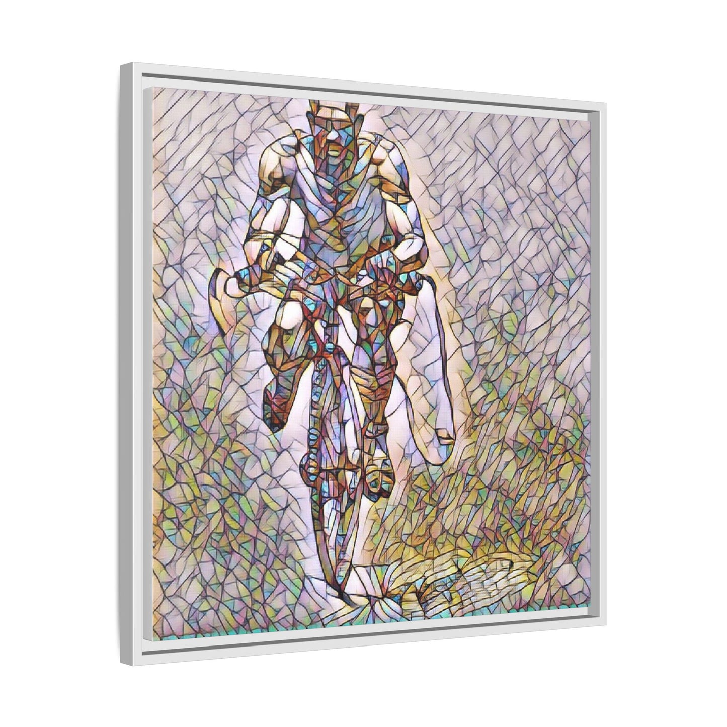 Cyclist Art Print — Framed Matte Canvas Wall Art (Multicolor Stained-Glass Style)
