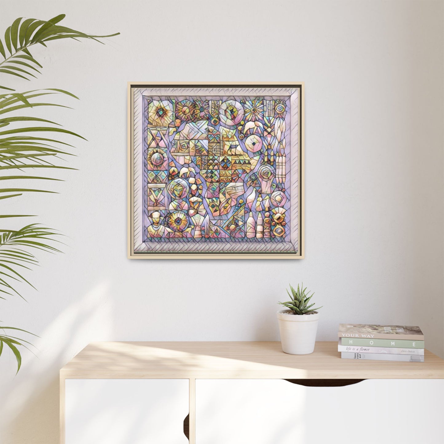 Framed Abstract Mosaic Matte Canvas Art — Pastel Geometric Wall Decor