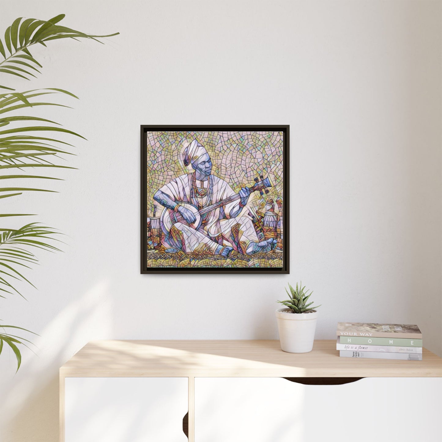 Framed Mosaic Musician Canvas Art — African Griot with Kora