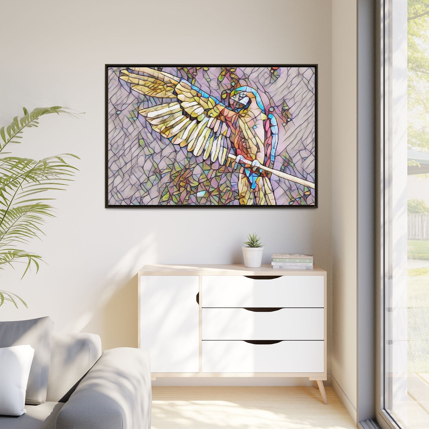 Framed Parrot Stained-Glass Art Print — Matte Canvas Wall Decor