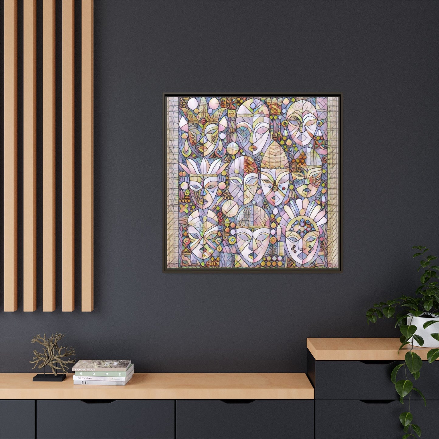 Framed Abstract Mask Art Canvas — Multicolor Stained-Glass Faces Wall Decor