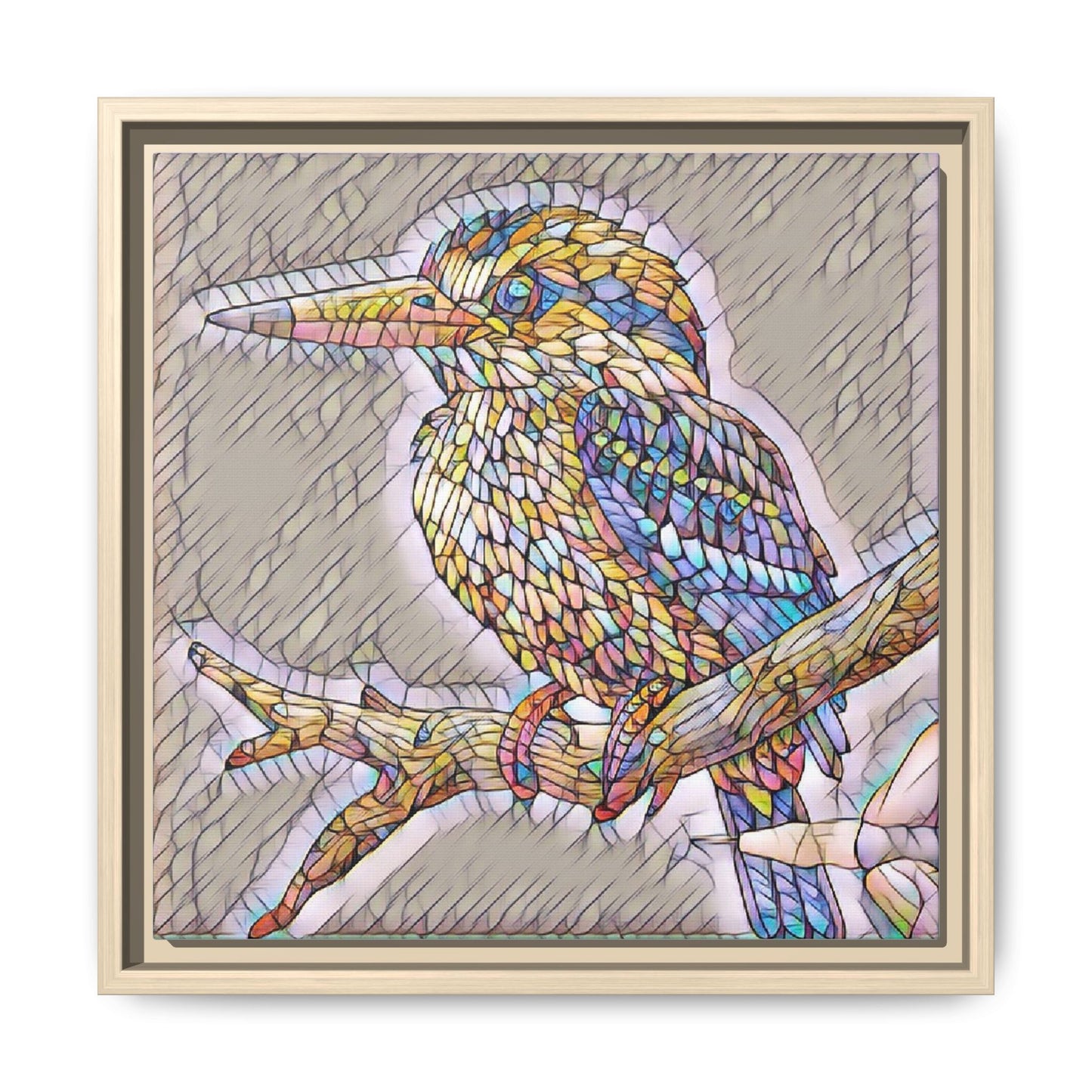 Colorful Kingfisher Framed Canvas Wall Art — Stained-Glass Style Bird Print