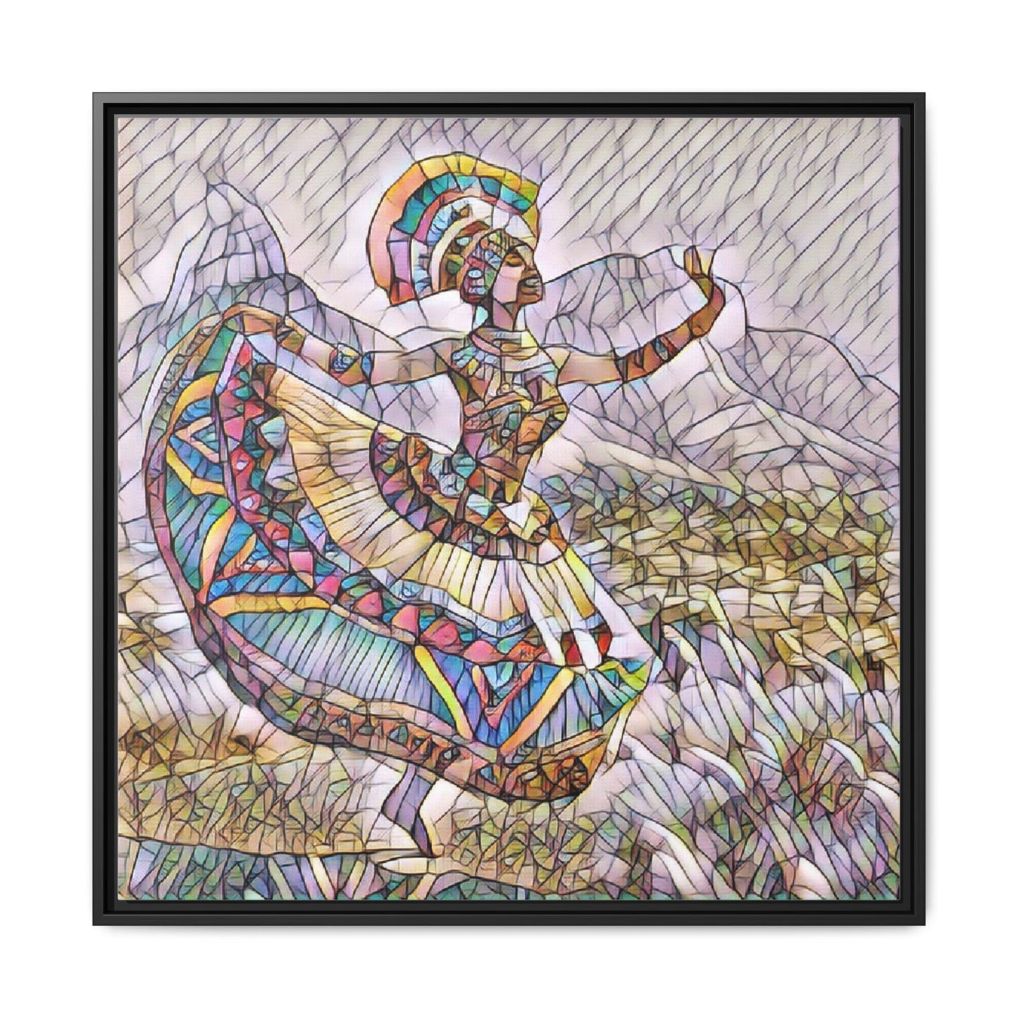 Ballerina Mosaic Framed Canvas Print — Colorful Ethnic Dance Wall Art
