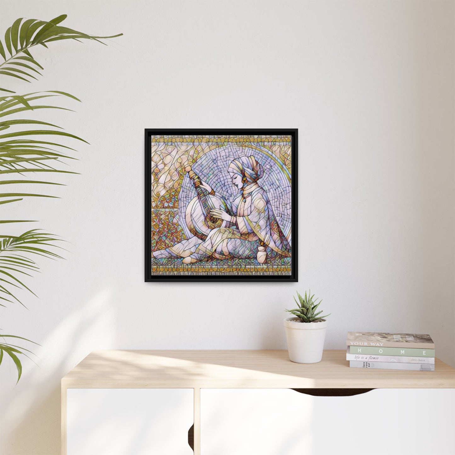 Framed Matte Canvas: Mosaic Lute Player Wall Art — Bohemian Musical Portrait