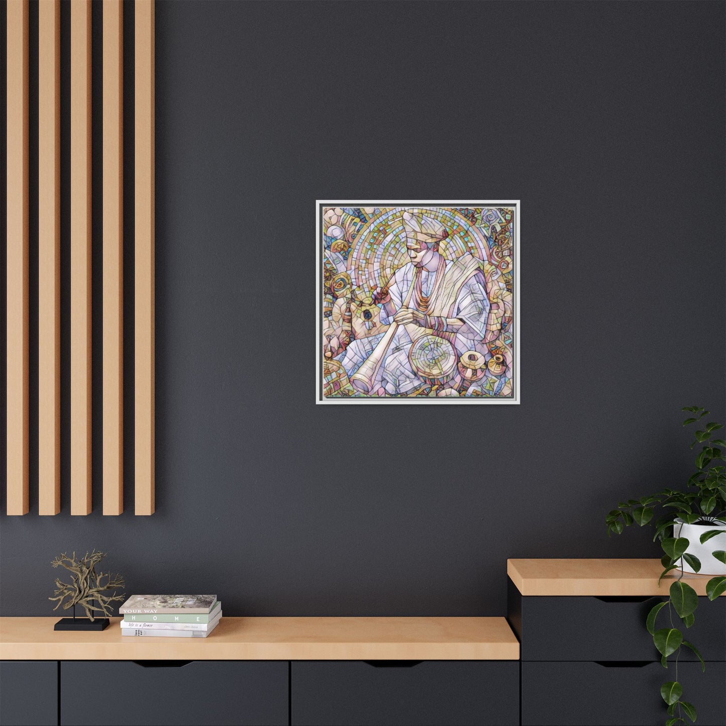 Framed Matte Canvas Print — African Drummer Mosaic Art
