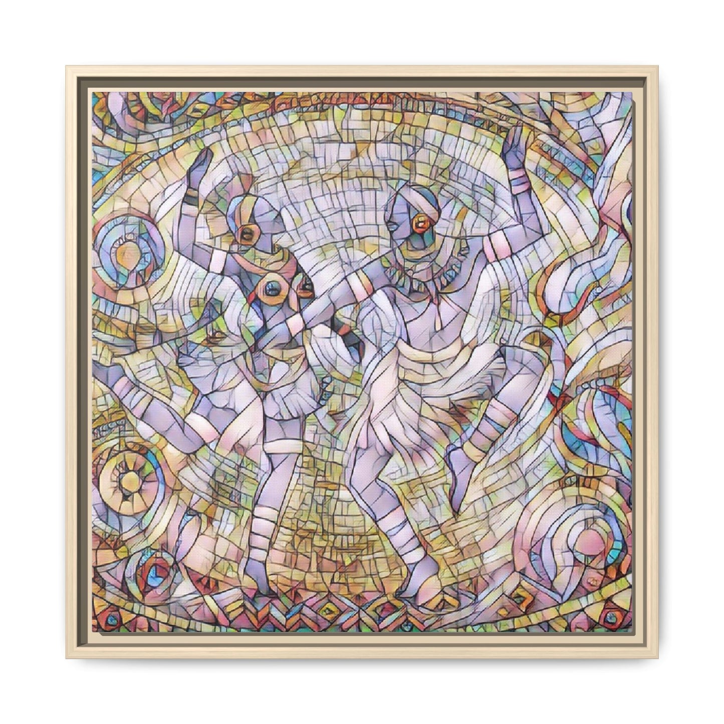 Abstract Dancers Matte Framed Canvas Wall Art — Multi‑Color Stained Glass Style