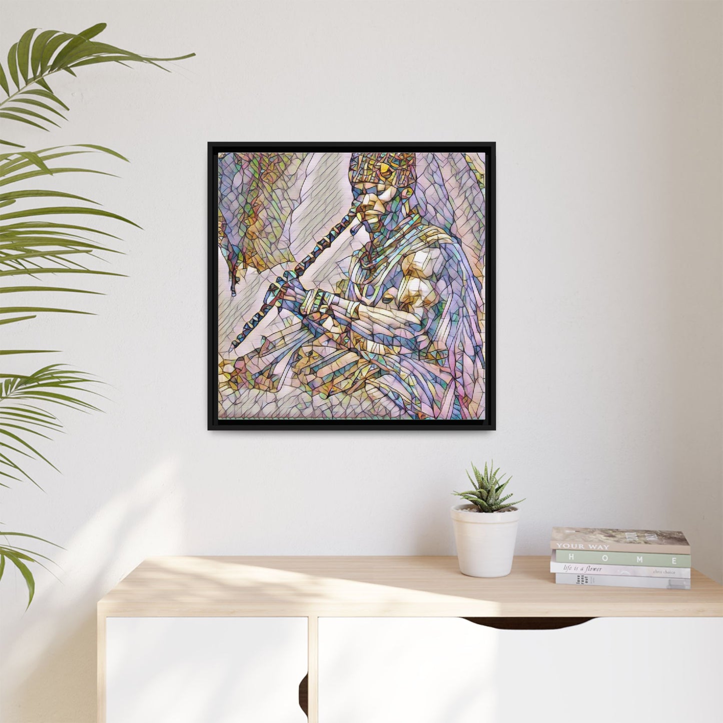Tribal Flute Musician Stained-Glass Framed Canvas Art